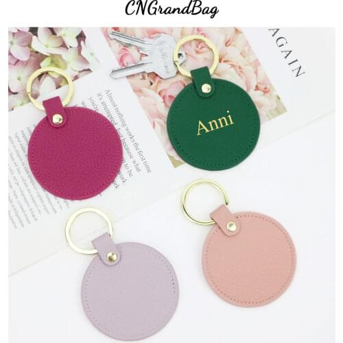 Free Monogram Round Shape Key Holder Men Women Genuine Leather Keychain Pebble Leather Circle Key Ring Gift