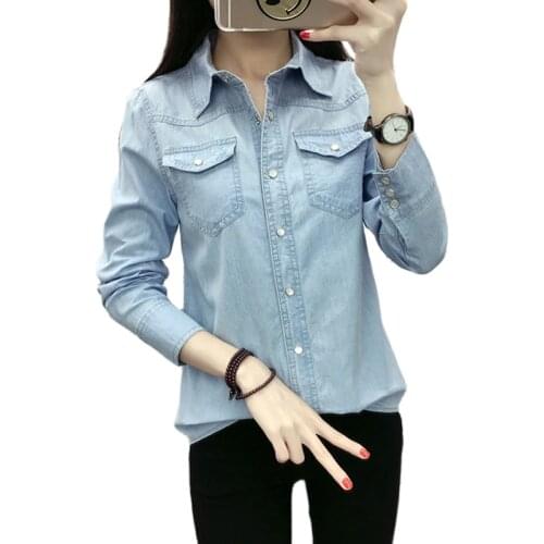 🆕🆒Spring Autumn Women Cotton Pocket Full-sleeve Blouse Single Breasted Blue Denim Shirt Casual Tops