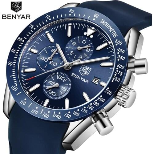 BENYAR Casual Fashion Men Watches Silicone Strap Waterproof Sports Quartz Chronograph Military Watch Men Clock Relogio Masculino