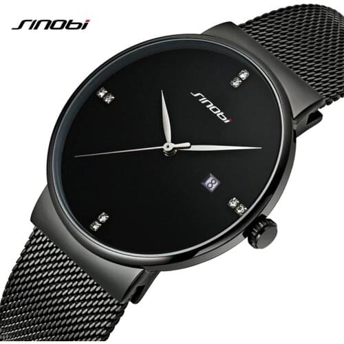 SINOBI Fashion Men Watches Mesh Stainless Steel Watchband Luxury Clock Crystal Hour Marker Watch Calendar Watch For Men Reloj