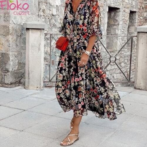 Flokocloset Floral Half Sleeve V-Neck Maxi Dress Summer Beach Long Dress Lady Women Fashion Boho Sundress
