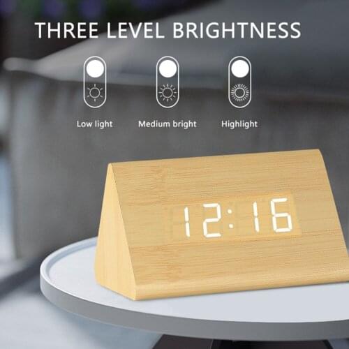 Wooden LED Alarm Clock Watch Table Voice Control Digital Wood Electronic Alarm Clock Temperature Display Clocks Desktop Decor