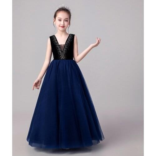 Kids Pageant Dresses Girl Elegant Long Prom Sequins Tulle Gowns Children Graduation Dresses Teenages Wedding Bridesmaid Robe