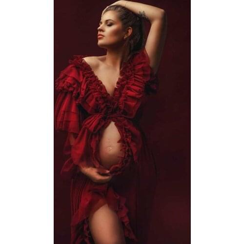 Elegant Red Chiffon Maternity Dress Extra Puffy Custom Made Plus Size Bridal Pregnancy Photography Dressing Gowns
