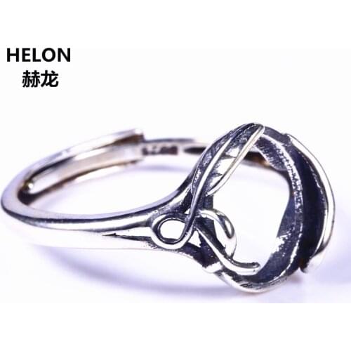 Art Deco Sterling Silver 925 Oval Cabochon 8x10mm Semi Mount Engagement Ring Adjustable Open Jewelry Setting White Gold Color