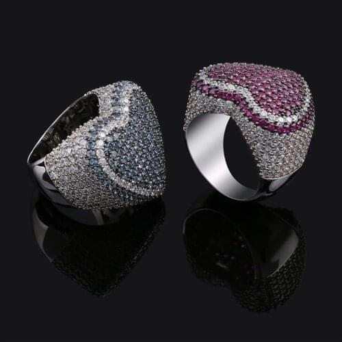 THE BLING KING Heart Shape Ring Full Iced Out Red Blue Cubic Zirconia Party Ring Micro Paved Bling Hiphop Jewelry Men Women Gift