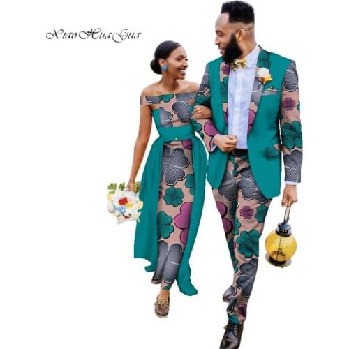 Two Piece Set African Print Couple Clothing for Lovers Mens Blazer Suit Womens Party Wedding Dress Plus Size 6XL WYQ93