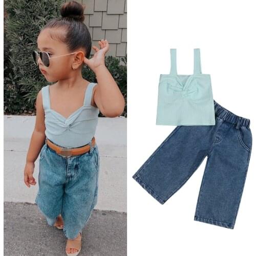 2Pcs New Fashion Baby Girl Kids Solid Sleeveless Strap Tops + Denim Pants Jeans Summer Toddler Girl Outfit Clothes