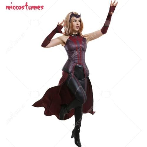 Presale Super Heroine Wanda Maximoff Scarlet Witch Sleeveless Coat Cosplay Costume Outfit with Outer Skirt and Long Gloves