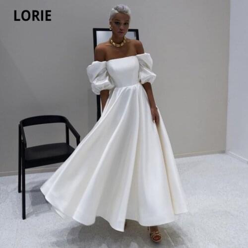LORIE Fashion Short Wedding Dresses Strapless Off the Shoulder Half Sleeves Wedding Gown Satin Bridal Dress suknia ślubna