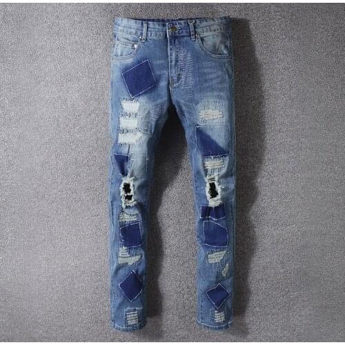 Fashion Torn Mens Patched Holey Straight Slim Beggar Jeans Hip Hop Blue Stretch Denim pants #518