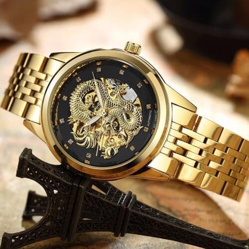 Engraved Dragon Watches Men Automatic MECHANICAL Golden Wristwatch Stainless Steel Luminous Hands Male Skeleton Reloj Dropship