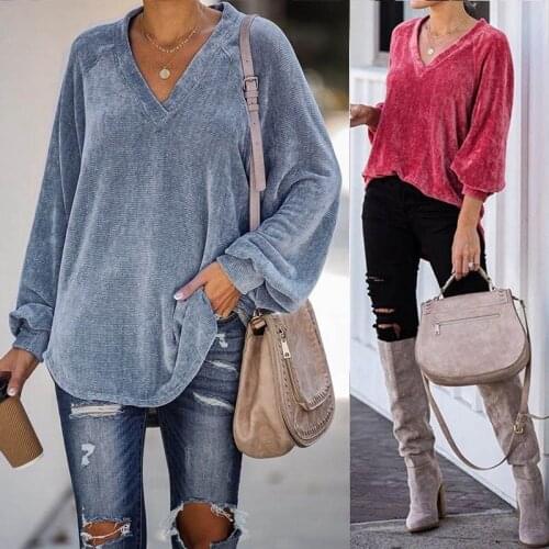 2020 New Hot style Autumn loose solid color V-neck shirt long-sleeved sweater bottoming shirt