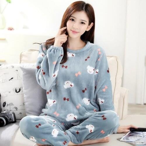 Girl Coral Fleece Pajamas Set Women Flannel Home Clothing Sleepwear Warm Lovely Ladies Autumn Winter Comfortable Nightwear H5627