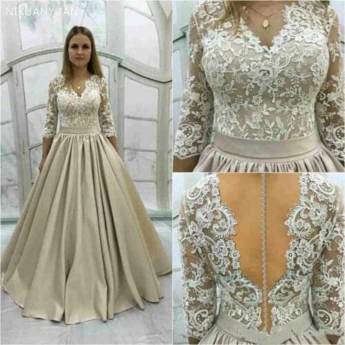 Vintage A-line Wedding Dress Illusion Back Half Sleeves Satin Plus Size Bridal Gowns V-Neck Elegant Champagne Vestidos De Novia