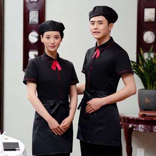 Hotel Workwear Summer Waitress Female Restaurant Hot Pot Shop Catering Uniform Male Waiter Short Sleeve Jacket Overalls H2226