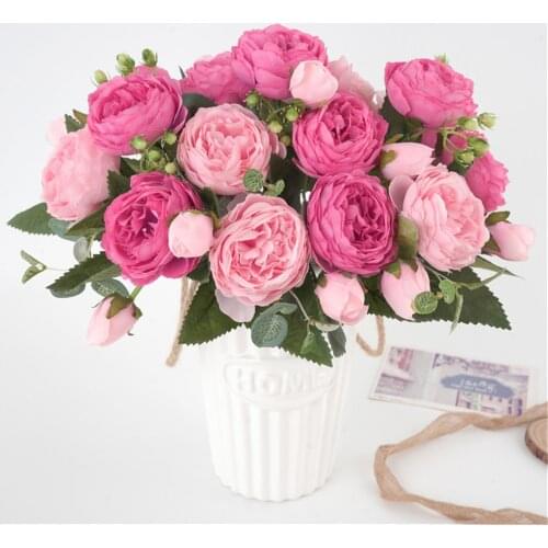 30cm Rose Pink Silk Peony Artificial Flowers Bouquet 5 Big Head and 4 Bud Cheap Fake Flowers for Home Wedding Decoration indoor