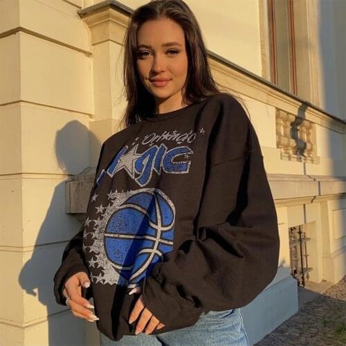 American Vintage Orlando Magic Graphic Printed Black Y2K Sweatshirts Loose Crewneck Autumn Winter Pullover Aesthetic Hoodies