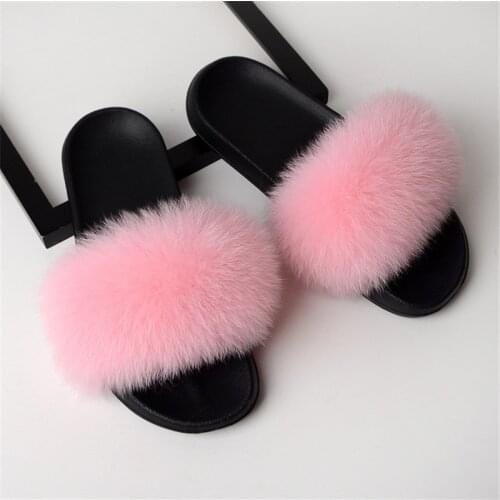 Womens Winter Furry Flip Flops Indoor Warm Plush Shoes Outside Woman Fur Slides Ladies Fluffy Real Fox Fur Slippers Size 36-45
