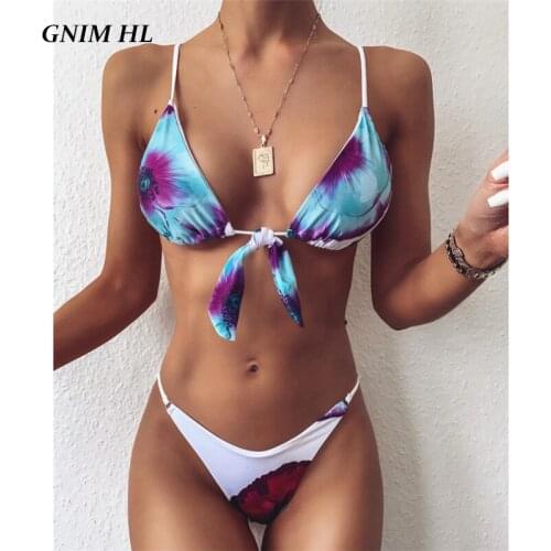 GNIM Sexy Triangle Swimwear Women Two Pieces Print Bikini Mujer 2020 Summer Bandage Thong Swimsuit Women Beachwear Biquini Set