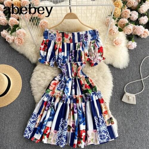 Women Off Shoulder Floral Dress Sexy Slash Neck A-line Ruffle Sundress Summer Bohemian Print Vacation Dresses