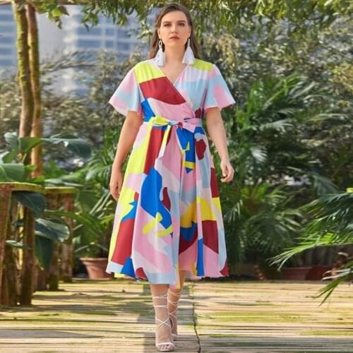 2021 Summer Dress Women V Neck Short Sleeve Colorful Geometric Print Casual Dress Belted Extra Big Size Plus Size Women Clothing