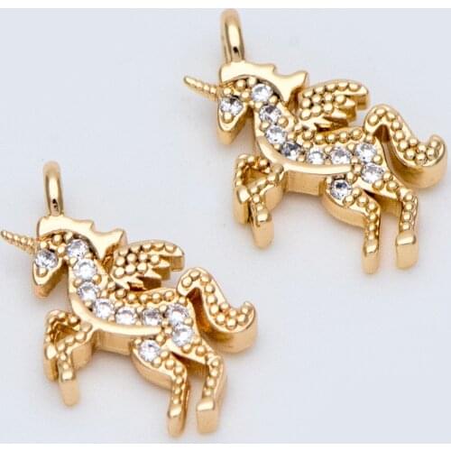 10pcs CZ Paved Gold Unicorn Charm Pendants 13x11mm, For Necklace Braelet For Women DIY Jewelry Making (#GB-730)
