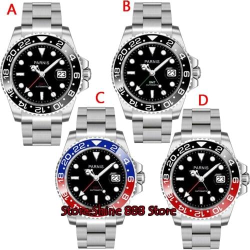 40mm PARNIS Sapphire Crystal GMT Automatic machinery movement luminous mens watches Black & blue ceramic bezel