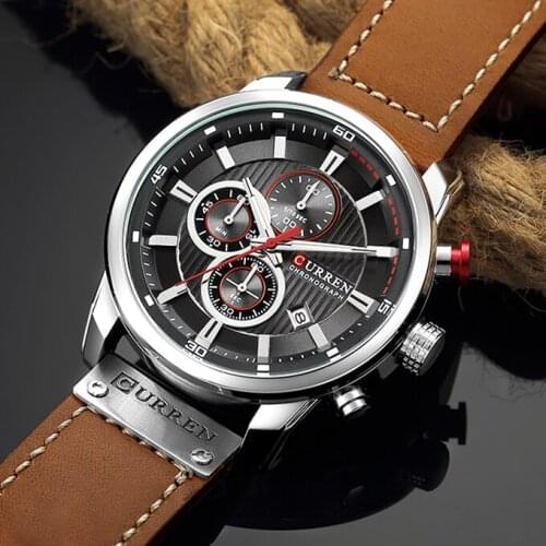 Men Watches CURREN Top Luxury Brand Mens Chronograph Military Sport Watch Male Waterproof Leather Army Quartz Analog Clock 8291