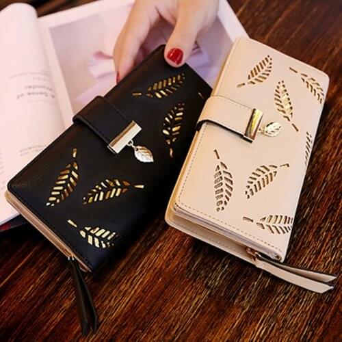 Hollow Gold Leaves PU Leather Women Long Wallet Female Zipper Phone Purse Money Pouch for Lady Coin Card Holders Clutch