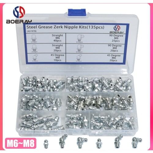 135pcs 90 Degree and 45 Degree and Straight Type M6 M8 Metric Size Hydraulic Zerk Grease Nipple Fitting
