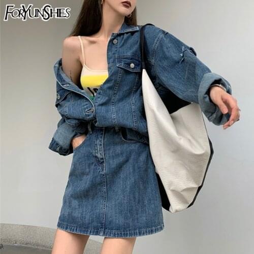 FORYUNSHES Two Piece Set Women Loose Single Breasted Ripped Hole Denim Jackets + High Waist Elegant A-Line Skirts 2021 Autumn