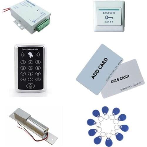 Access control kit,em/ ID keypad access control+ power+bolt lock+exit button+2pcs manage card, 10 keyfob ID tags,sn:set-2