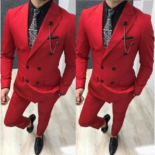 Red Mens Double Breasted Suits Mens Wedding Suit Groom Mens Suits Prom Dinner Business Evening 2PCS Jacket+Pants