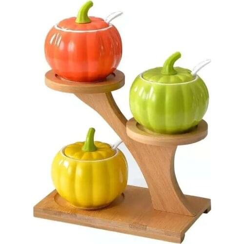 Creative Pumpkin Ceramic Seasoning Jar Set With Spoon Salt Sugar Bowl Msg Pepper Edible Oil Container Kitchen