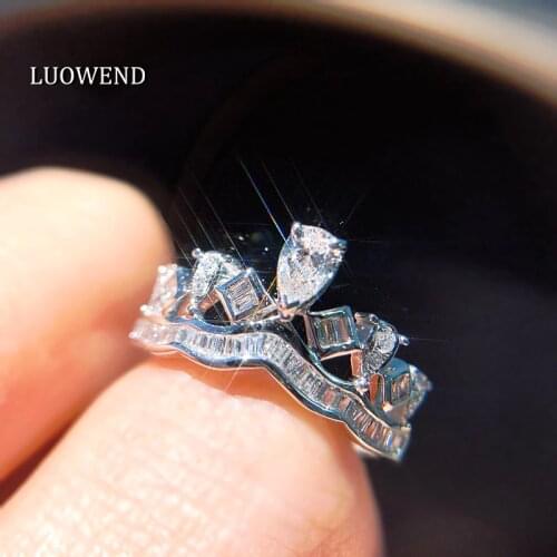 LUOWEND 100% Real 18K White Gold AU750 Engagement Ring Gold Rings Pear Cut Natural Diamond Ring for Women Wedding