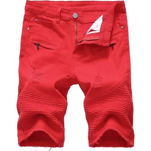 New Mens male plus size ripped denim shorts Summer holes stretch biker jeans Slim straight knee length Capri Black White Red