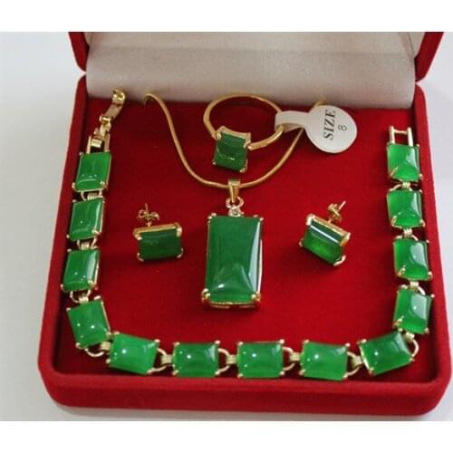 Wholesale beautiful 18KGP green Natural Stone,ring(#7.8.9), pendant & stud earring jewelry set