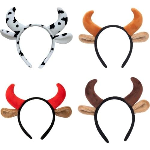 Plush Cow Ears and Horns Headband Funny Animal Cosplay Party Costume Hair Hoop X7YA