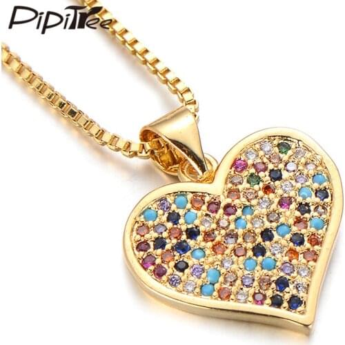 Pipitree Romantic Multi Cubic Zirconia Heart Necklace Gold Color Box Chain Women Wedding Pendant Necklace Couple Lovers Jewelry