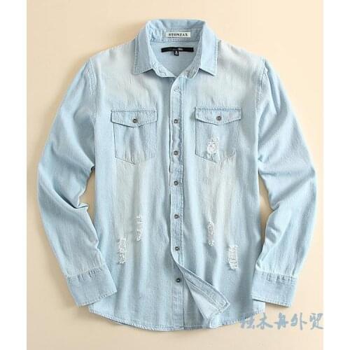 Spring and summer men fashion slim water wash long sleeve single breasted casual denim ripped shirt male trendy jean outerwear