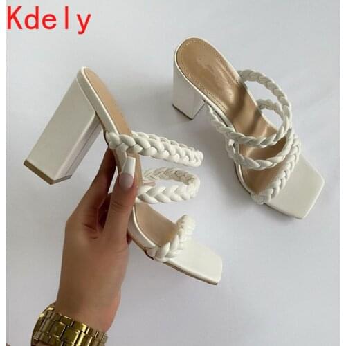 2021 Summer Women Braid Sandals Ladies High Heel Slippers White Black Open Toe Thick Heel Fashion Female Slides Summer Shoes