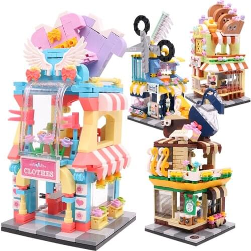 City Stree View Building Blocks Clothing Store Coffee Shop Bakery with LED Light DIY Construction Bricks Kids Educational Toys