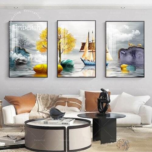 Embelish Nordic Ship And Golden Tree Modern Home Decor Pictures Artworks For Living Room Wall Art Posters HD Canvas Paintings