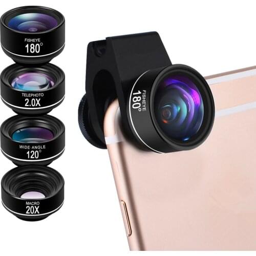 High-End 4 in 1 Phone Camera Lens Kit Fish Eye Wide Angle Macro Telephoto Lenses with Universal Clip Lentes for 95% Smartphones
