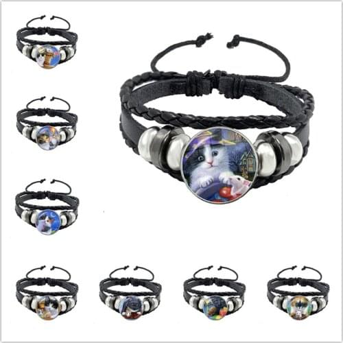 Animal Cat Jewelry with Glass Dome Cabochon Cat Pattern Bracelet Black Leather Multilayer Beaded Bracelet Bangle