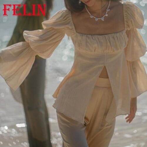 Za Fashion 2021 Women Elegant Beige Blouse Puff Sleeve Square Collar Front Split Sexy Women Shirts High Street Chic Mujer Tops