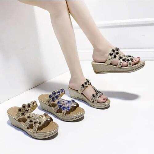 Womens Summer Sandals Thick Bottom Slope Heel Inlaid With Diamond Fashion Sandals Comfortable Non Slip Womens Slippers