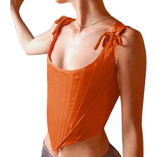 Women Sexy Slim Oval Neck Sleeveless Fish Bone Satin Face Short Vest Bustier Top