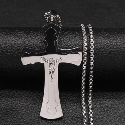 2021 Stainless Steel Christian Jesus Cross Statement Necklace Women Silver Color Chain Necklace Jewelry pendentif N4297S05